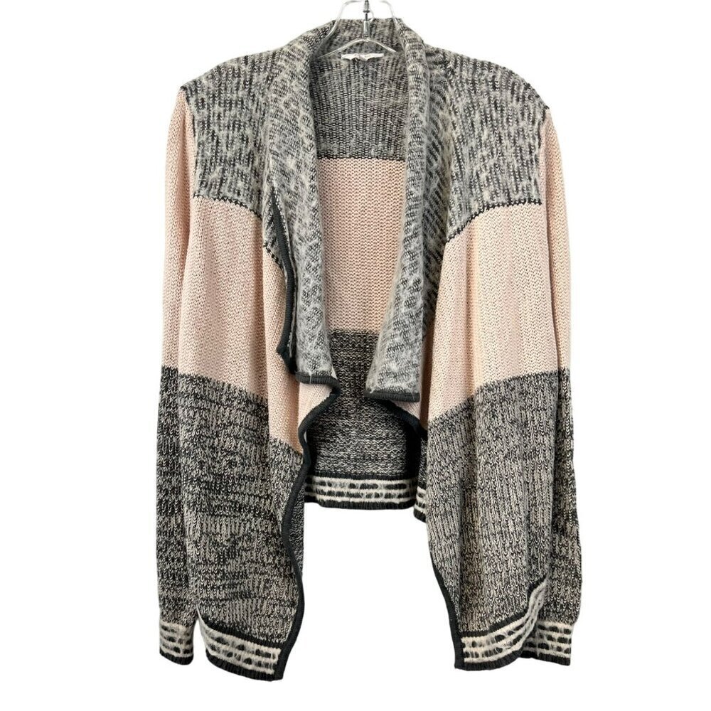 Candie’s Women’s Long Sleeve Open Front Collared Cardigan Pink/Gray XL